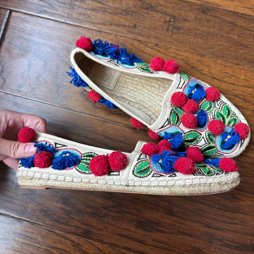 Tory Burch Ellis Pom-pom Embroidered Leather Textile Espadrille Flats Size 8 - Picture 10 of 13